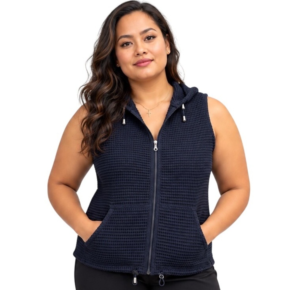 Navy Blue Waffle Knit Sleeveless Hoodie Vest Full Zip Drawstring Hem